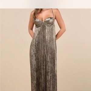 Lulu's Metallic Gold Pleated Maxi Dress